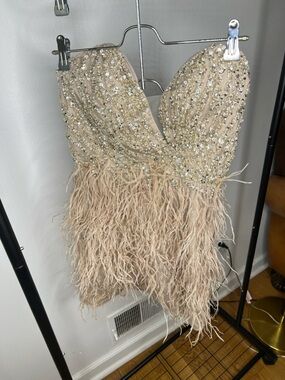 Beaded Feathered Nude/Champagne Prom Dress